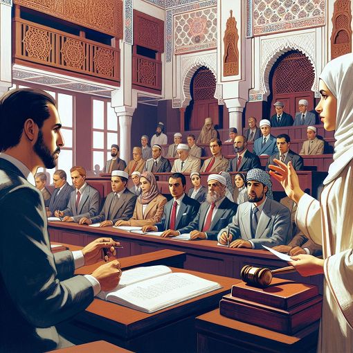 Create an image of a courtroom in Morocco, showing a judge, lawyers, and a lively courtroom environment, with visual elements that reflect the Moroccan legal system.