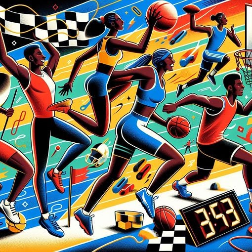 A colorful and engaging illustration depicting various sports such as football, basketball, and athletics with energetic athletes in motion, surrounded by elements symbolizing competition and teamwork.