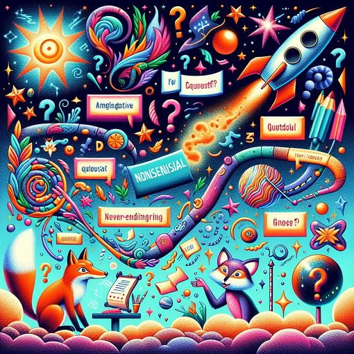 Create an imaginative and whimsical illustration representing a nonsensical quiz, incorporating elements of fantasy such as talking animals, space travel, and magical objects in a vibrant and colorful style.