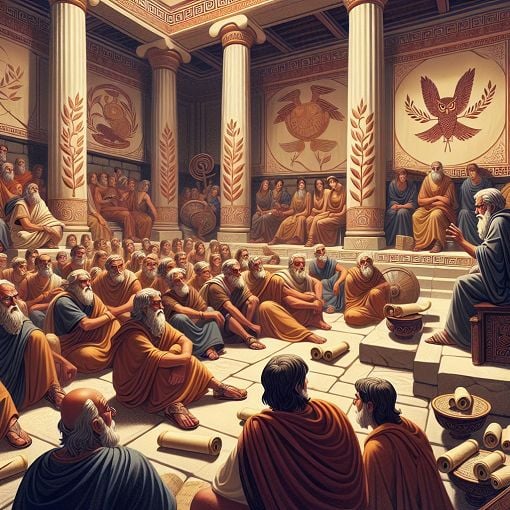 Create an illustration of an ancient Greek setting featuring a wise figure discussing values with students, surrounded by scrolls and symbols of respect, capturing the essence of parental respect in Greek mythology.