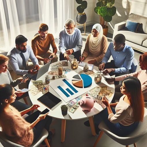 A visually engaging image depicting financial concepts like budgeting, credit cards, and responsible spending, featuring a diverse group of people discussing their finances in a modern, friendly setting.