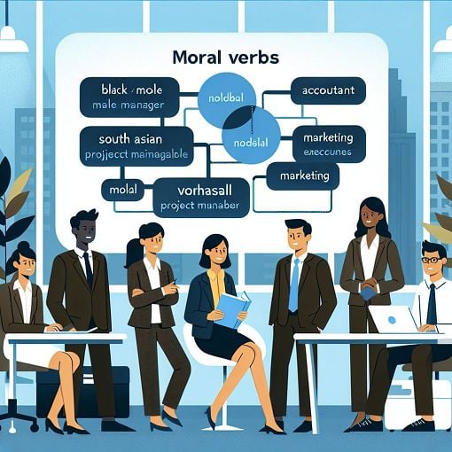 An educational illustration depicting modal verbs in English with a business setting background, featuring business professionals discussing in an office environment.