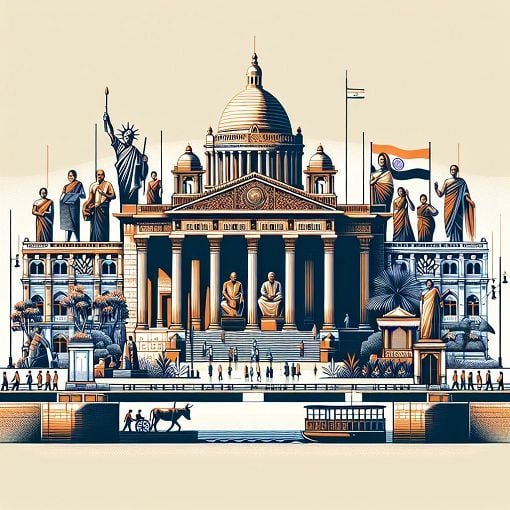 A digital illustration of the West Bengal legislative assembly with elements representing local governance, including symbols like a panchayat, municipality, and historical figures related to Indian governance.