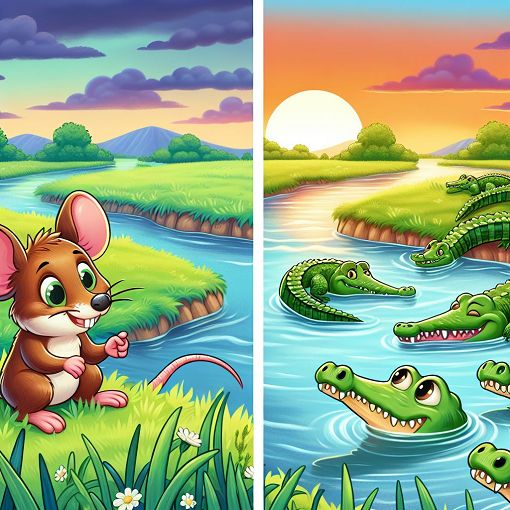 A whimsical illustration of a mouse deer cleverly interacting with crocodiles by a river, with a vibrant green grassland in the background.