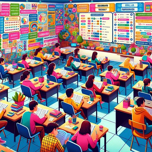 A classroom setting with students taking a quiz, with English language posters and charts on the walls, bright and colorful atmosphere