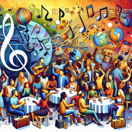 A vibrant and engaging illustration of young people having fun at a social event, with elements representing Italian culture and lifestyle, colorful backgrounds with music notes and travel icons.