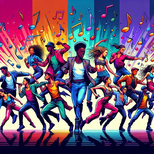 A colorful and dynamic illustration of dancers performing BTS choreographies, with musical notes and vivid colors surrounding them, representing the energy of K-Pop dance.