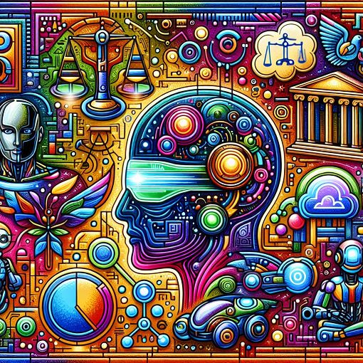 An engaging illustration showing various technologies, such as wearable devices, robots, and symbols of ethics and philosophy, blended into a colorful and futuristic design.