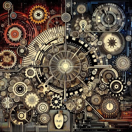 A captivating illustration of science and technology concepts blending with philosophical themes, showcasing elements like gears, digital interfaces, and symbols of happiness.