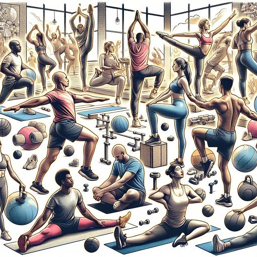 a vibrant and dynamic image showcasing various individuals engaging in mobility exercises such as stretching, yoga, and fun<wbr>ctional movements, in a bright and energetic gym setting