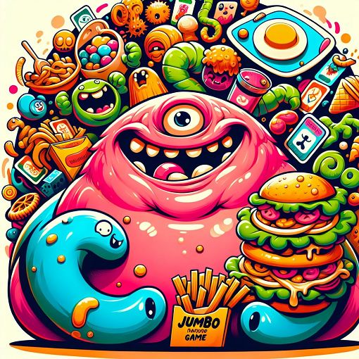 A cartoonish and colorful illustration of a fun, large character named Jumbo who loves Pokémon, surrounded by various dishes he dislikes and his favorite game items.