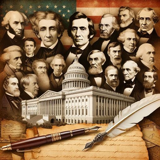 A historical collage of the first 15 U.S. presidents, featuring their portraits and iconic symbols like the American flag, the White House, and a quill pen on parchment.