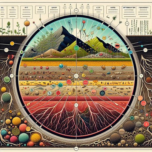 An educational diagram or illustration of different soil types and their components, highlighting the importance of soil in agriculture and ecology, vibrant colors, engaging and interactive feel.