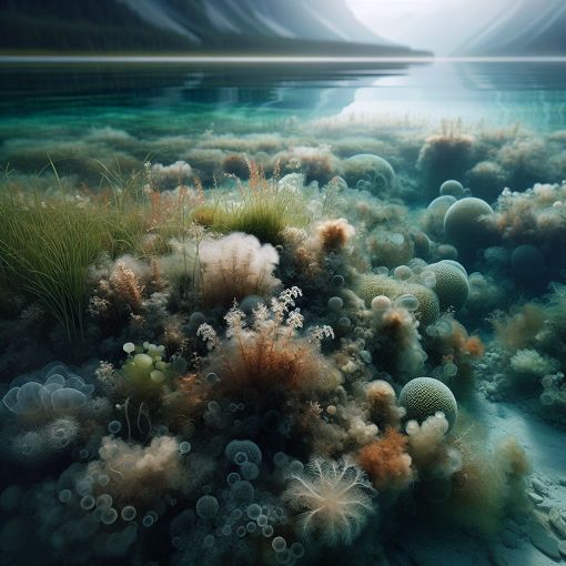 A scenic view of a clear lake with various plants and minerals visible underwater, depicting a balanced ecosystem influenced by water chemistry.