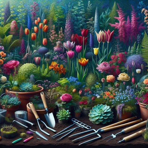 A colorful garden with various plants, flowers, and gardening tools, showcasing the beauty of gardening and plant care.