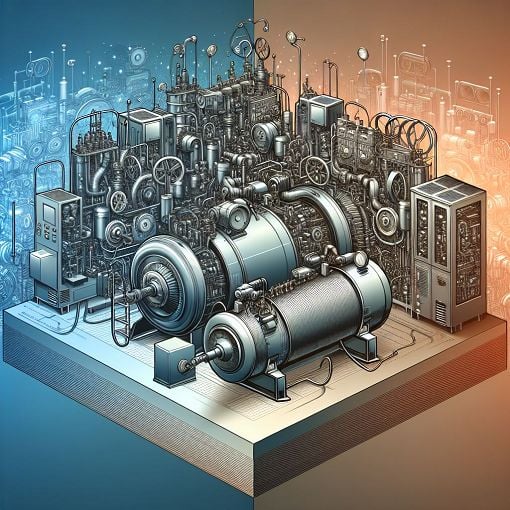 An industrial scene featuring various air compressors in action, showcasing their components and mechanisms with detailed labels and a blue gradient background.