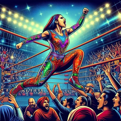 A vibrant illustration of a female wrestler in action, complete with colorful wrestling attire, surrounded by a backdrop of a wrestling ring and cheering fans, evoking a sense of excitement and energy.