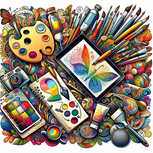 An artistic illustration of various art supplies, including paintbrushes, a digital tablet, fashion sketches, and cooking elements, all integrated into a colorful collage that represents creativity and diverse art careers.