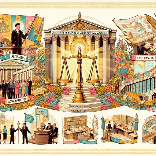 A detailed illustration showing the concepts of administrative law in action, with elements representing delegation of powers, lawful orders, and public administration integrity in a vibrant setting.