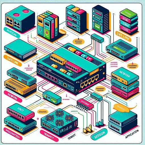 An informative image depicting various networking devices and layers of the OSI model in a visually appealing style.