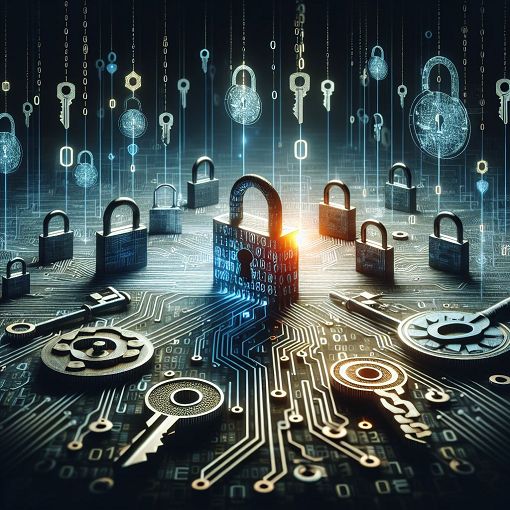 A visually engaging representation of cryptography concepts, featuring locks, keys, algorithms, and a digital background with binary code, emphasizing security and technology.