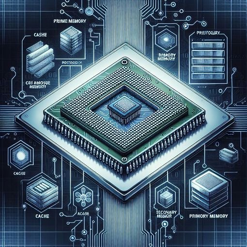 Create an image of a computer processor with a pipeline diagram, memory hierarchy, and visual representations of cache memory, all set in a tech-themed background.