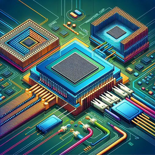 A vibrant and educational illustration representing computer architecture and processing, featuring elements like CPU, memory cache, and data pipelines, with a modern, tech-inspired design.