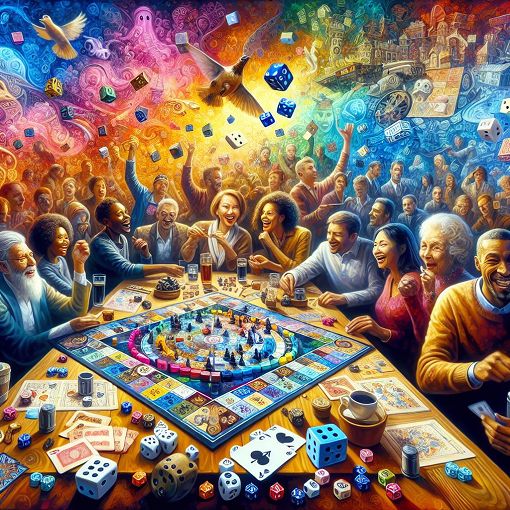 A vibrant and colorful illustration featuring various board games and their components spread out on a table, with players enthusiastically engaging in the game in the background.