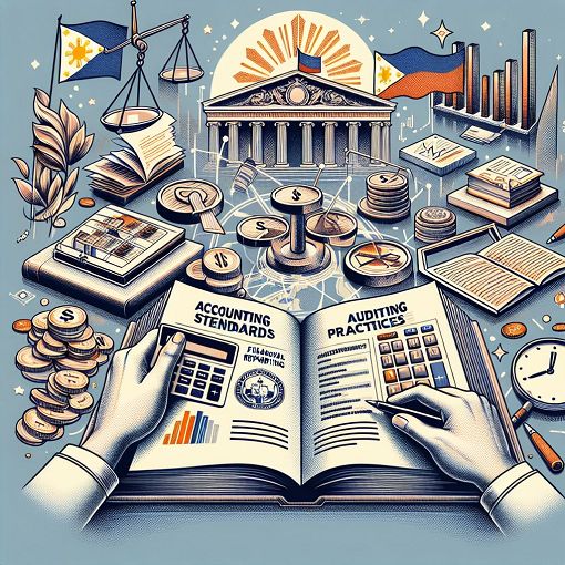 A detailed illustration of accounting standards, financial reporting, and auditing practices in the Philippines, showcasing various regulatory bodies and their roles.