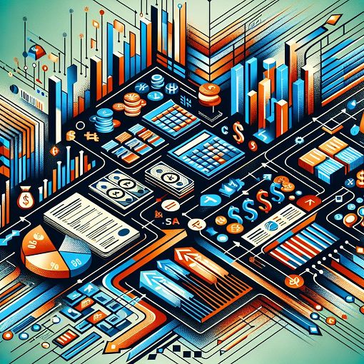 Generate an image depicting financial accounting concepts, including elements like balance sheets, accounting frameworks, and economic transactions, with a modern and engaging design.