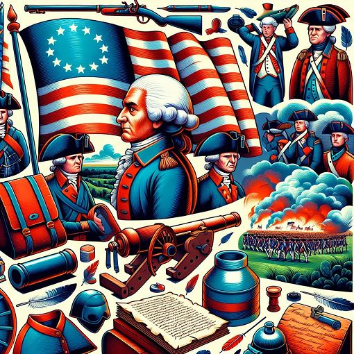 A colorful illustration depicting important symbols and events of the American Revolution, such as the American flag, iconic figures like George Washington and Thomas Jefferson, and scenes from battles.