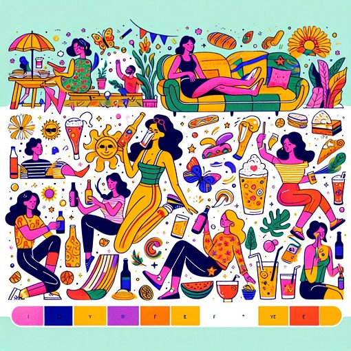 A whimsical illustration of a quirky personality quiz with fun characters and vibrant colors, showcasing a variety of elements like food, drinks, and activities that reflect a carefree lifestyle.