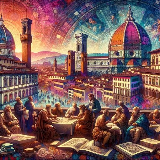 A colorful and artistic representation of the Renaissance period, showcasing famous artworks, humanist philosophers, and a historical cityscape of Florence, Italy.