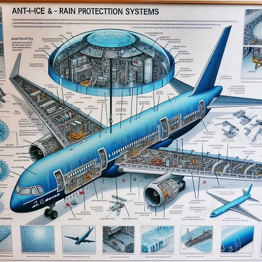 A detailed illustration of a Boeing 757 and 767 showcasing the anti-ice and rain protection systems, with labeled components in a clear and educational style.