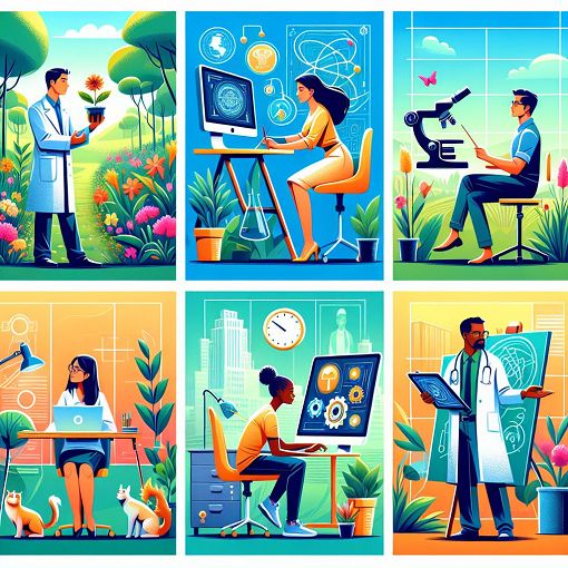 A colorful illustration depicting different career clusters, such as nature, technology, arts, and healthcare, showcasing diverse professionals in various settings.