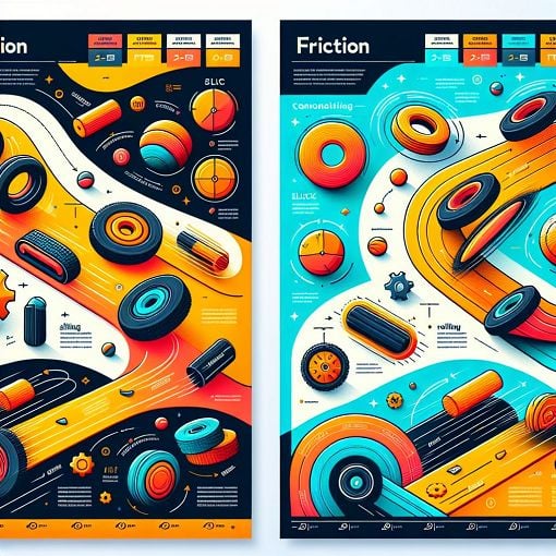 A sleek infographic showcasing different types of friction in action, including sliding and rolling friction, with vibrant colors and educational illustrations.