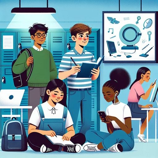 A colorful illustration depicting a group of diverse teenagers in a school setting, engaging in various activities like studying, hanging out, and using technology, set against a vibrant and modern school background.