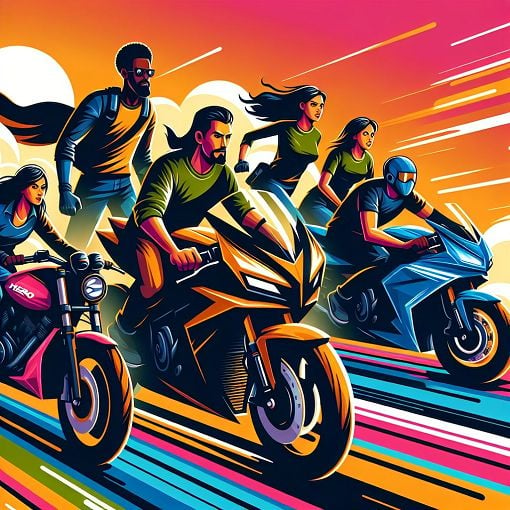 A vector-style illustration of various Hero motorcycles with modern designs, engaging riders, and a vibrant background that represents adventure and technology.