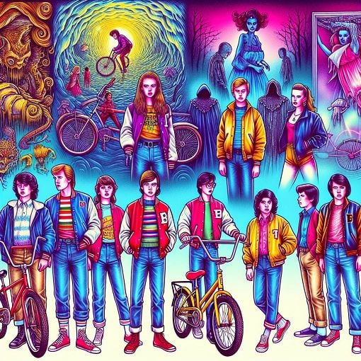 A colorful and retro 1980s style illustration featuring elements from the TV series Stranger Things, including the Upside Down, bicycles, and a group of kids in vintage clothing, designed to appeal to fans of the show.