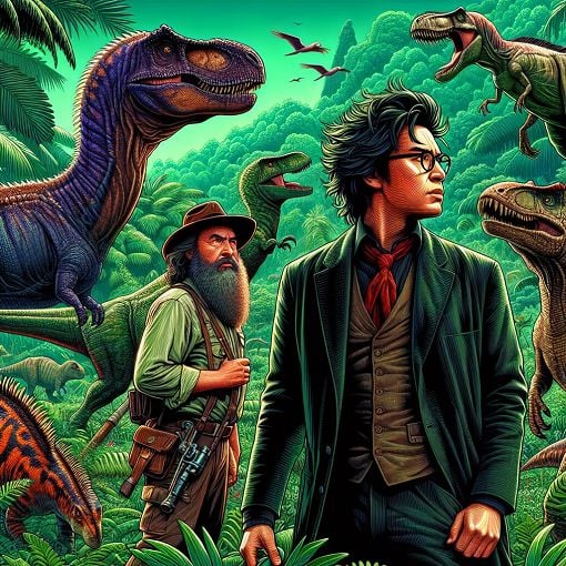 A detailed illustration of dinosaurs in a lush prehistoric jungle environment with elements inspired by Jurassic Park, featuring characters like Alan Grant and Ian Malcolm.