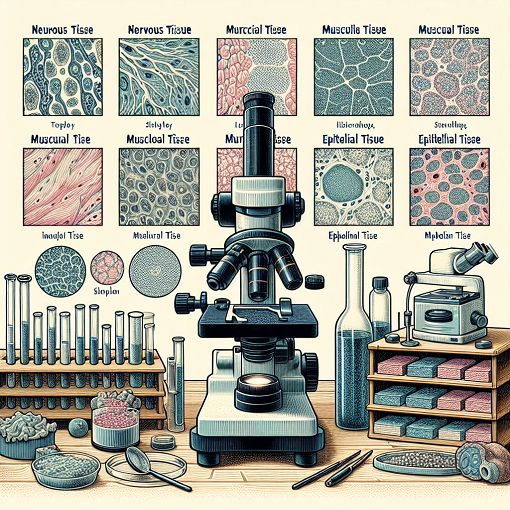 A detailed illustration of various histological slides, showcasing different types of tissues including nervous, muscular, and epithelial tissues, in a laboratory setting with a microscope in the background.