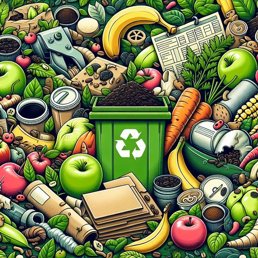 Generate an engaging illustration of composting practices showing various fruits, vegetables, coffee grounds, and recyclable materials, with clear labels for proper disposal methods in a vibrant, ecology-themed design.