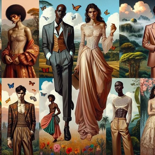 A beautiful, colorful collage of diverse fashion styles representing gender expression, featuring both masculine and feminine elements, surrounded by nature.