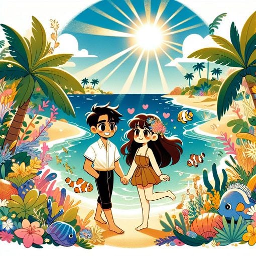 A whimsical illustration of an anime couple on a romantic beach date, surrounded by nature and vibrant colors, evoking a sense of youthful adventure and fun.