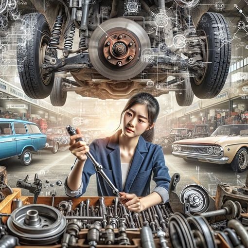 Create an image showing a mechanic inspecting a vehicle's undercarriage with various tools, surrounded by a busy garage setting, highlighting elements like brake systems, steering components, and historical vehicles in a clear and educational style.