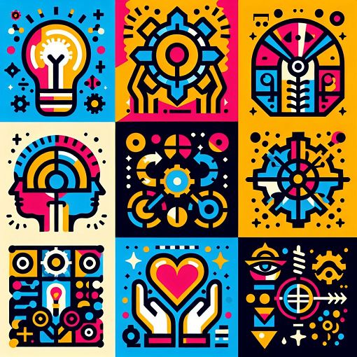 An illustration representing various personality types with colorful icons depicting traits such as creativity, leadership, empathy, and analytical skills, in a modern and visually appealing style.