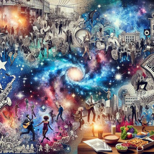 A vibrant collage of various lifestyles and personalities, incorporating elements like music, fashion, food, and nightlife, with stars and a cosmic background to symbolize a stellar theme.