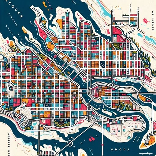 A vibrant map of Vancouver's neighborhoods with highlighted streets and colorful landmarks, designed in a modern and engaging style.