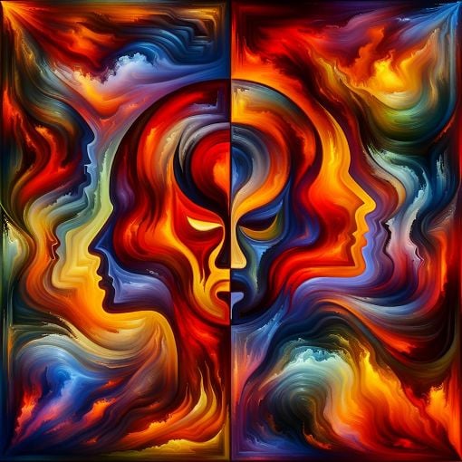 An abstract representation of emotions with vibrant colors and visuals depicting anger management and self-awareness.