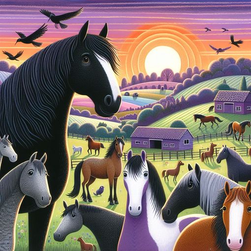 A whimsical and colorful illustration of various horses in a serene farm setting, showcasing their different personalities and sizes, with a sunset in the background.